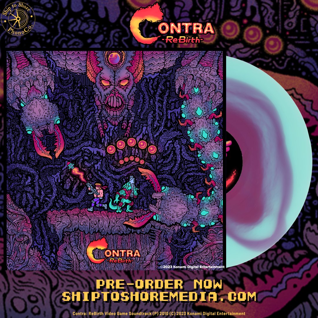 💥 Contra ReBirth Original Video Game Soundtrack is available for pre-order now! 💥 🎵 - intense remixes of classic @Konami Contra tracks 🎨 - brand new art from @Dreweyes 📝 - liner notes by @gamespite 🔵 - pressed on clear with blue, purple, and magenta splatter vinyl