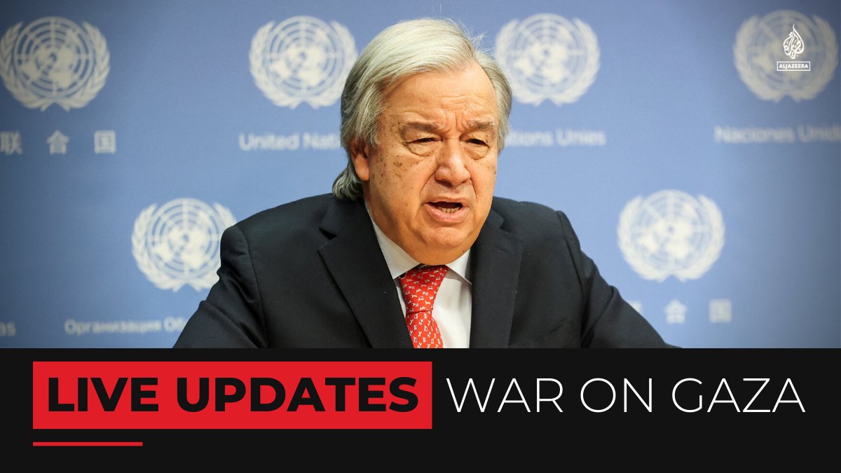 AJEnglish's tweet photo. UN Secretary General Antonio Guterres has again called for a ceasefire.

“In the name of humanity, the secretary-general calls for an immediate humanitarian ceasefire,” spokesman Stephane Dujarric told reporters.

🔴 LIVE updates: https://t.co/Z6jx3OiA8r https://t.co/ldrLGZE7kd