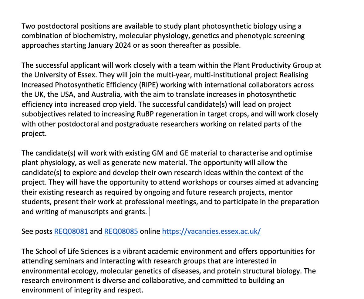 Come work with us! We are hiring 2 Postdoc positions to join our @RIPEproject team at @EssexLifeSci. Check out these great opportunities below and APPLY NOW! Job 1: bit.ly/40AVig8 Job 2: bit.ly/47rSQdY Please RT! #plantscijobs #plantpostdocs #plantscience