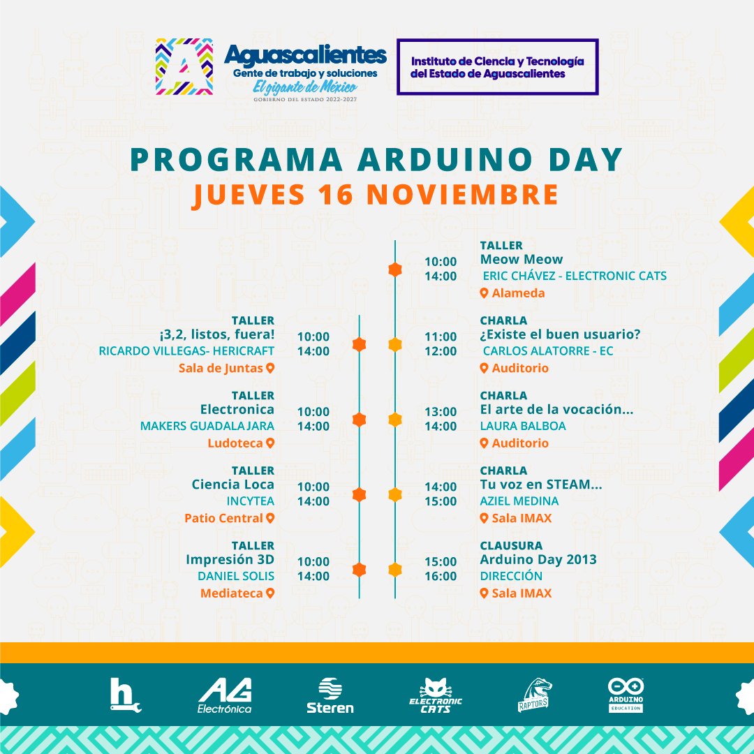 electronicats's tweet image. ¡Listo nuestro programa de Arduino Day 2023!
Acompáñanos y no te pierdas las charlas interesantes que tendremos, además de ver los proyectos de la comunidad Maker.
¡Te esperamos! 🤖😻
#Makers #ArduinoDay #technology #Arduino