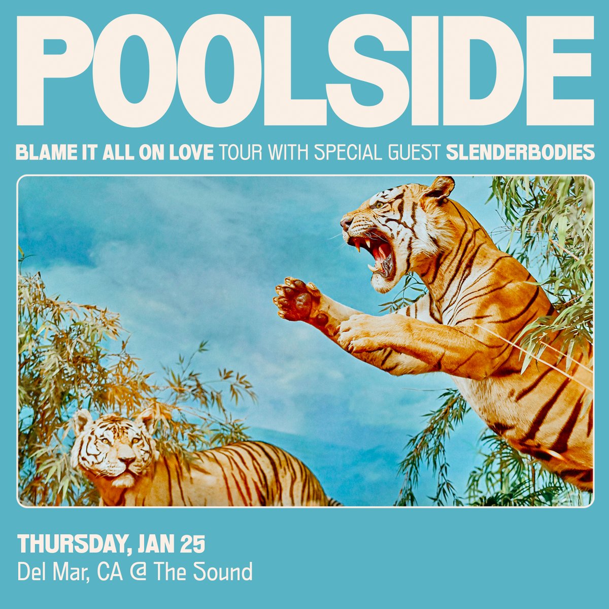 JUST ANNOUNCED: @poolside - Blame It All On Love Tour w/ special guest @slenderbodies comes to The Sound on January 25th! 🐅 VENUE PRESALE: Thursday (11/16) at 10AM PUBLIC ONSALE: Friday (11/17) at 10AM 🎟️ ticketmaster.com/event/0A005F69…