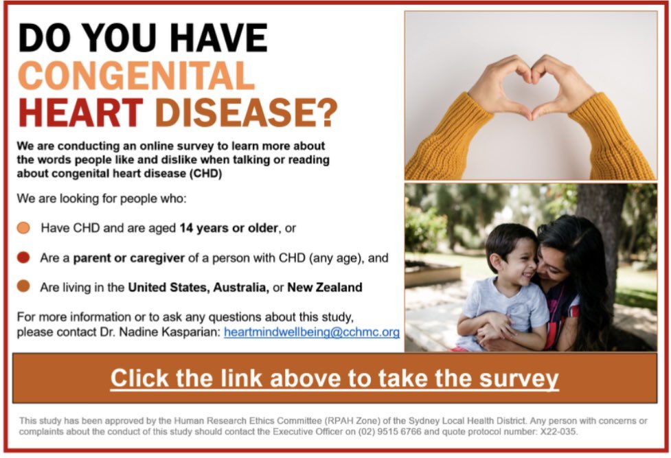 🧡 BE PART OF OUR NEW STUDY

If you’re a teen or adult with congenital #heartdisease, or a parent of a person (any age) with #CHD, we want to hear from you!

Tell us what you like &amp; dislike about the words used to talk about #CHD 

Click for our survey:
redcap.sswahs.nsw.gov.au/surveys/?s=HYH…