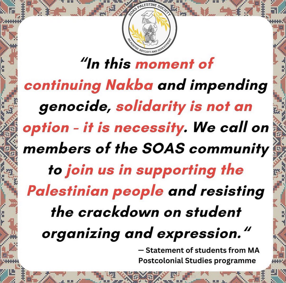 Please share and tag any <a href="/SOAS/">SOAS University of London</a> alumnus that you know. Against the necropolitics of erasure, protecting students’ rights, their voices, their research, their literature, is tantamount to keeping #Palestine alive. Please raise your voices so none of them are silenced 
#GazaGenocide