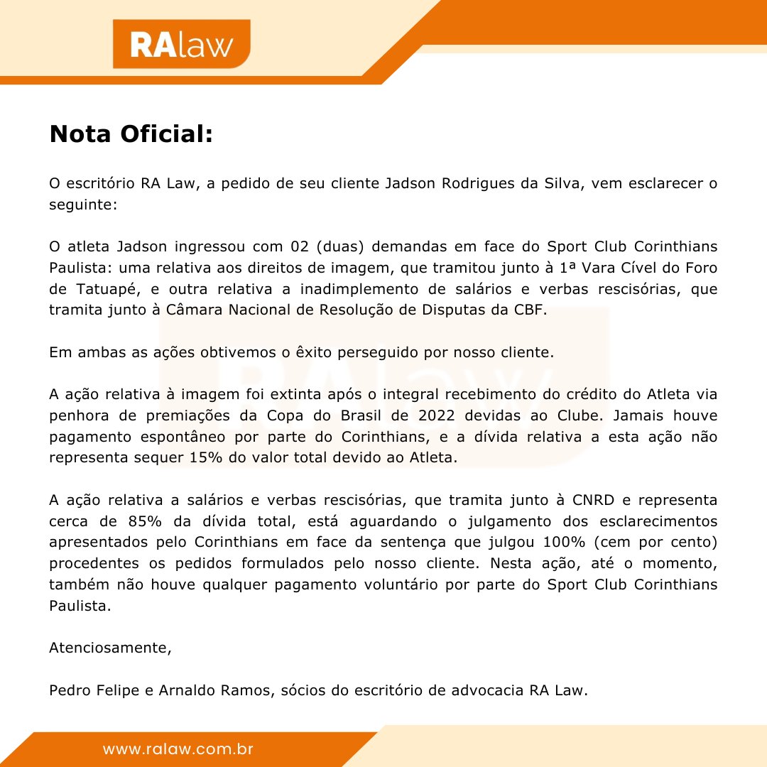 RAlaw_'s tweet photo. Nota Oficial de esclarecimento a pedido de seu cliente Jadson Rodrigues da Silva. https://t.co/BFMdM4SQda