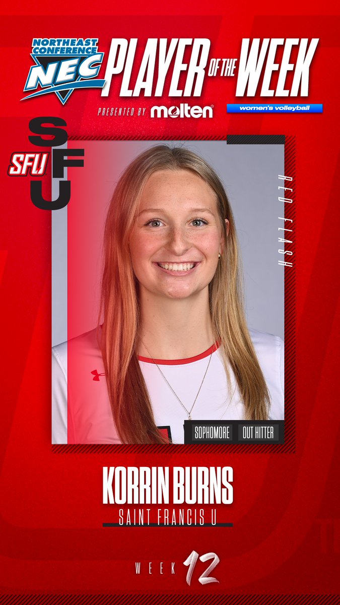 🏅 Official #NECWVB Player of the Week 🏅

➡️ Korrin Burns, <a href="/SFUathletics/">Saint Francis Red Flash</a>

📓 Burns put up monstrous 🔢 in a pivotal stretch that saw SFU 🔒 up the No. 3 seed with 2️⃣ Ws. Averaging 6.69 kills/set, she broke the program record after delivering 3️⃣4️⃣ in Friday's big 3-1 win 🆚 FDU.