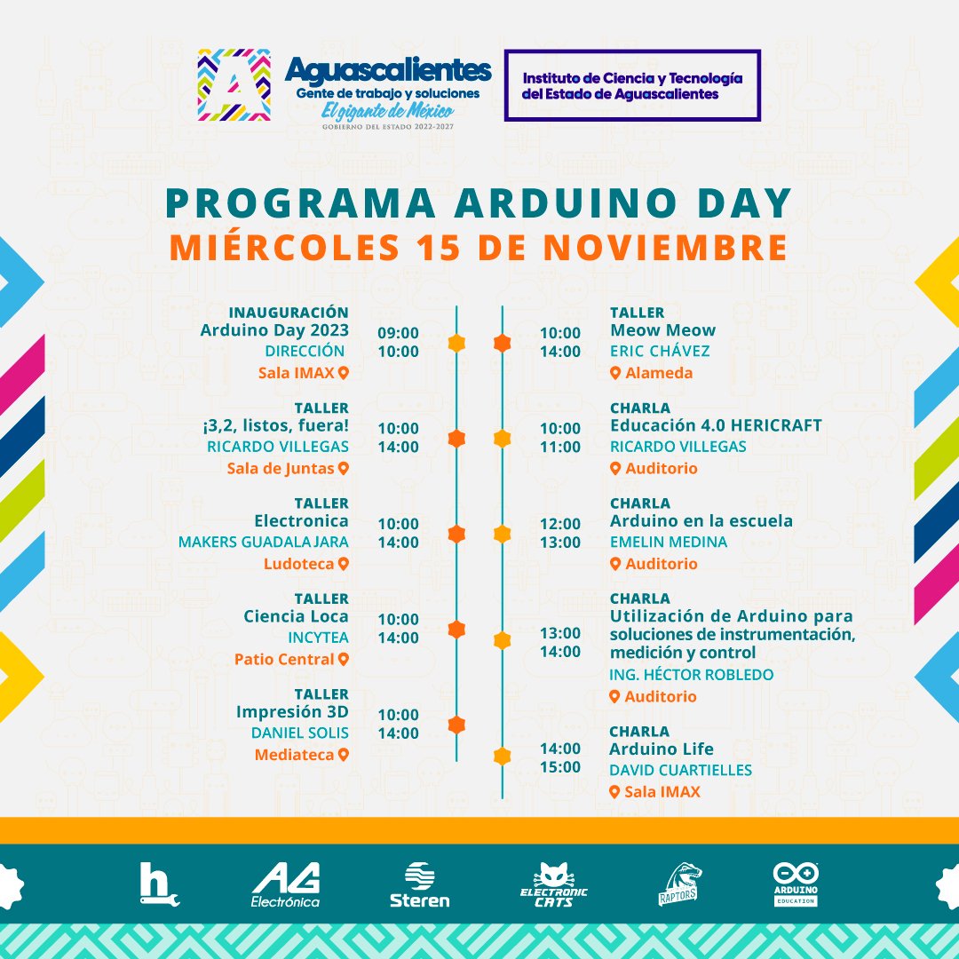 electronicats's tweet image. ¡Listo nuestro programa de Arduino Day 2023!
Acompáñanos y no te pierdas las charlas interesantes que tendremos, además de ver los proyectos de la comunidad Maker.
¡Te esperamos! 🤖😻
#Makers #ArduinoDay #technology #Arduino