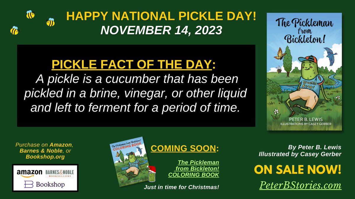 Happy #PickleDay! Did you know a pickle is a cucumber that has been pickled in brine, vinegar or other liquid, and then left to ferment? Learn more about pickles -- and meet the Pickleman -- in my latest children's book, THE PICKLEMAN FROM BICKLETON! 

buff.ly/3QGCYxC
