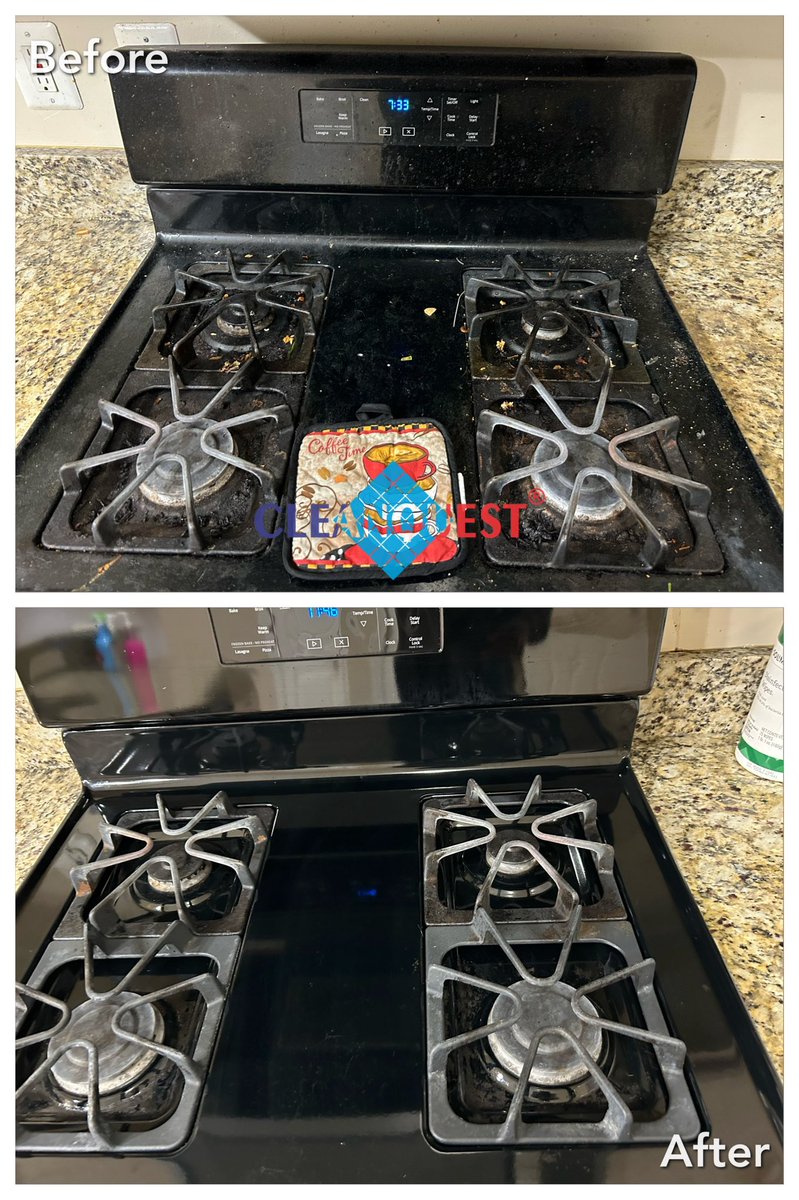CLEANQUEST's tweet image. Here is one of our November 2023 move-out cleaning before and after cleaning photo of inside stove and top burner. What a difference. #herndon, #Reston