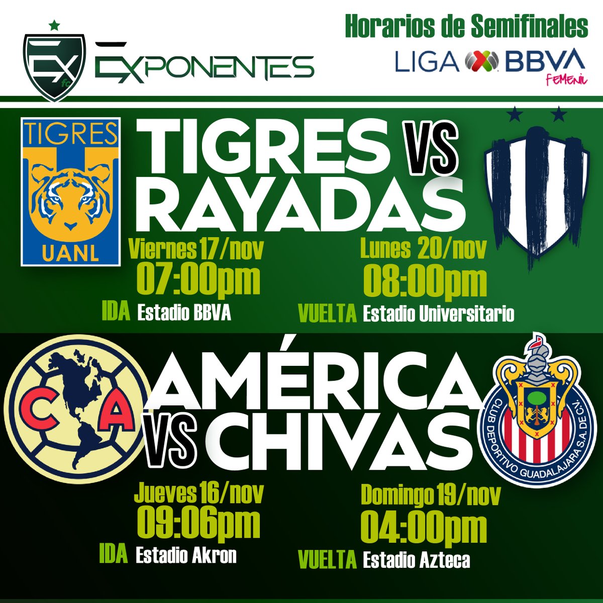 Así quedaron los horarios para los clásicos en  Semifinales de la @LigaBBVAFemenil entre @TigresFemenil vs @Rayadas  y @AmericaFemenil vs @ChivasFemenil 
#VamosPorEllas