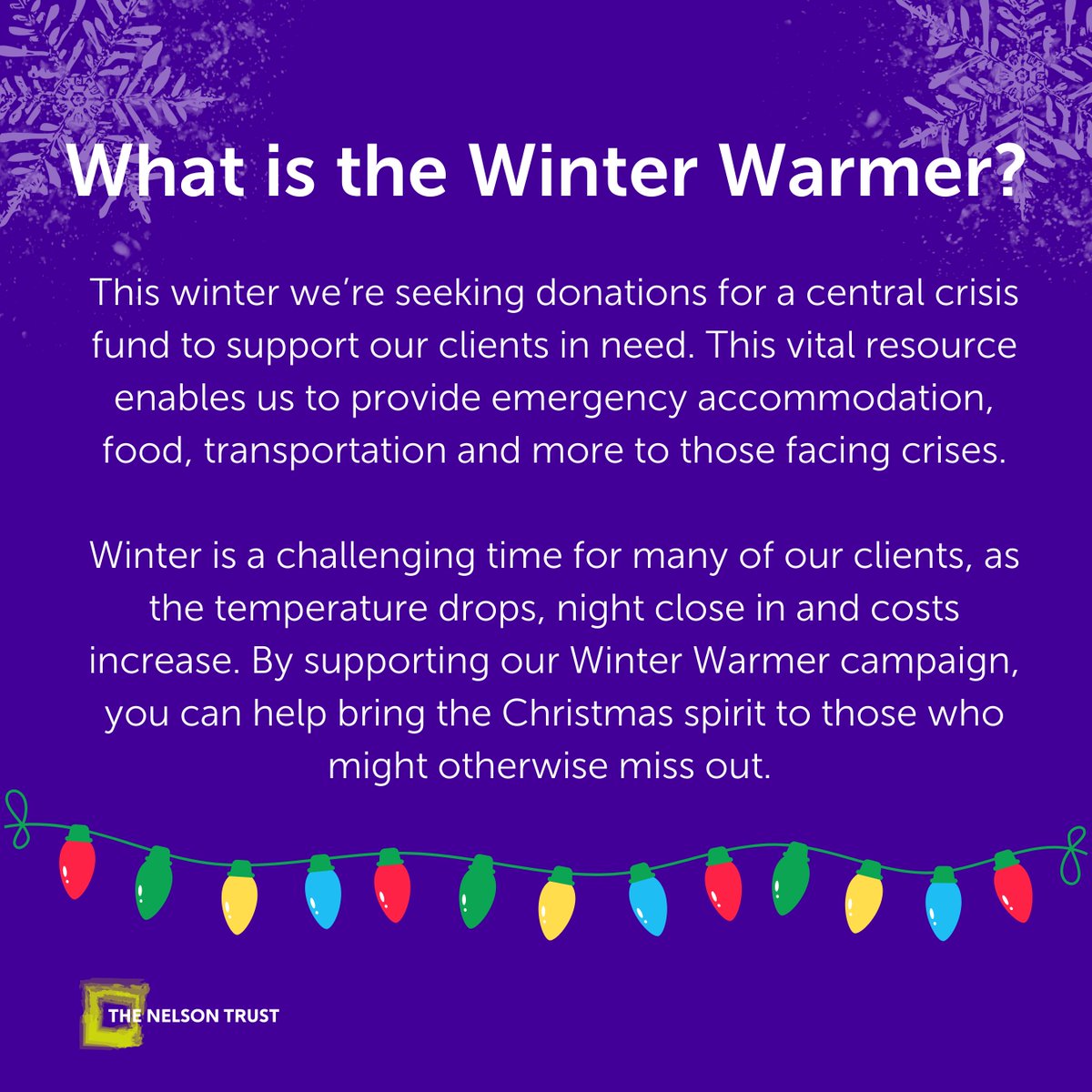 TheNelsonTrust's tweet photo. Our Winter Warmer campaign has launched! ☃️ Swipe to learn all about the campaign and how you can support our clients in need this winter 👉 (1/2) https://t.co/Nzq2yXR9So