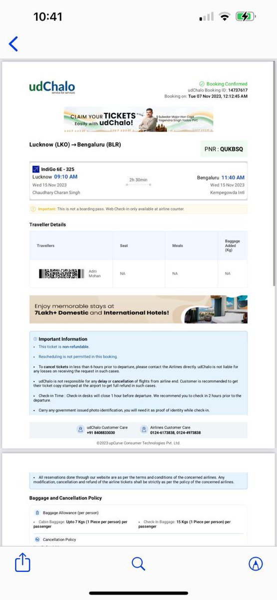 majoraditi's tweet photo. @udChalo not helping neither is @IndiGo6E customer care for my transaction that has happened on seat I chose fro flight 6E325 tomorrow. Now some #PariArora gets to sit in 13F against my 1200/- 
Endless calls with both while all my transactions details given yet no help https://t.co/hpCQ0KGAOp