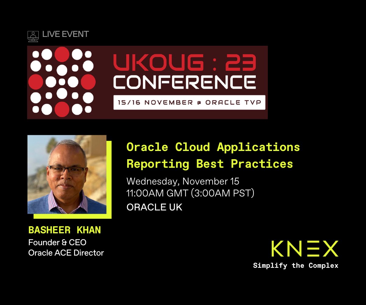 knextech's tweet photo. Join us this week as our CEO, @bkhan presents at @UKOUG on Wednesday. Be sure not to miss this insightful session.
Learn more: https://t.co/MkxDzehGgo
#UKOUG #OracleUK #OracleACEs #Cloud https://t.co/k6THegYXRV