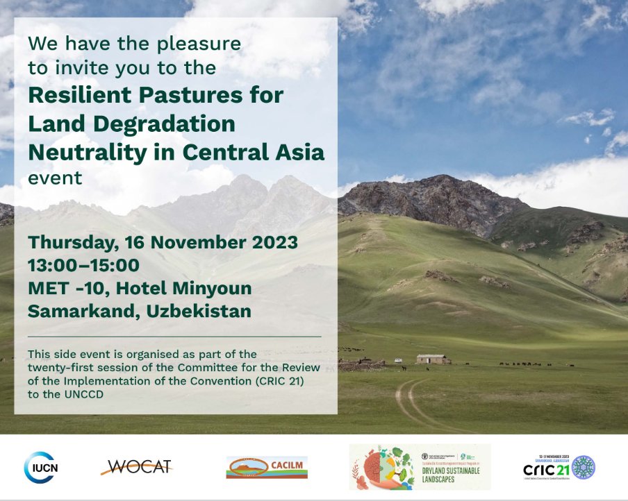 Tomorrow!🌐#CRIC21 in #Uzbekistan hosts 'Resilient #Pastures for #LandDegradationNeutrality in #CentralAsia'🌱
More on the Event and Agenda👉tinyurl.com/ycx86n4s
💡WOCAT bit.ly/3QMppxM
🎯@UNCCD @IUCN_ECARO @FAOLandWater @theGEF @ICARDA @cacilm2 @FoluRimpact @uznature