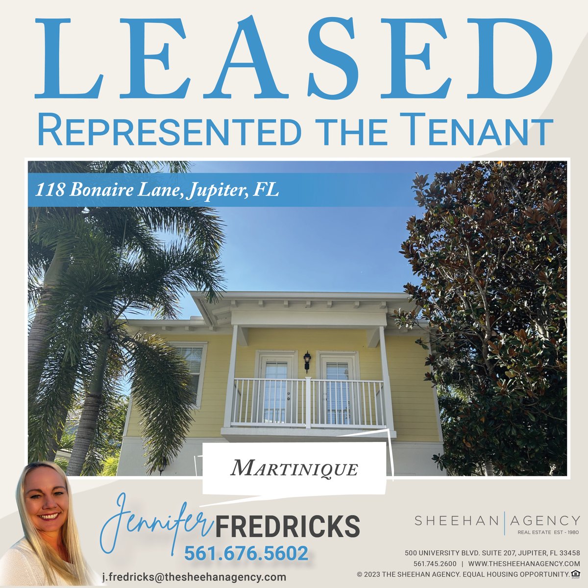 LEASED IN ABACOA!✨
Represented the Tenant!
📍118 Bonaire Lane, Jupiter, FL
MARTINIQUE AT ABACOA

Jennifer Fredricks
561.676.5602
j.fredricks@thesheehanagency.com
#adventurerealtor

#leased #rented #justleased
#RepresentedtheTenant #tenant
#thesheehanagency
#MARTINIQUEATABACOA
