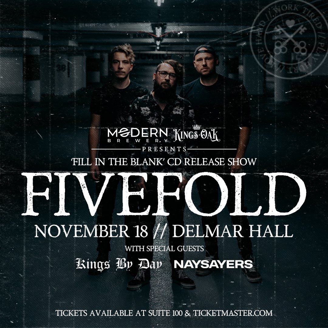 🚨 IT’S SHOW WEEK 🚨

We can’t believe our CD Release Show is coming up this weekend at Delmar Hall! There are still tickets left and you can get yours here: ffm.link/fivefolddelmar…

Doors are at 7PM &amp; this is an all ages show!

SEE YOU SOON, FIVEFOLD FAMILY! 🖤