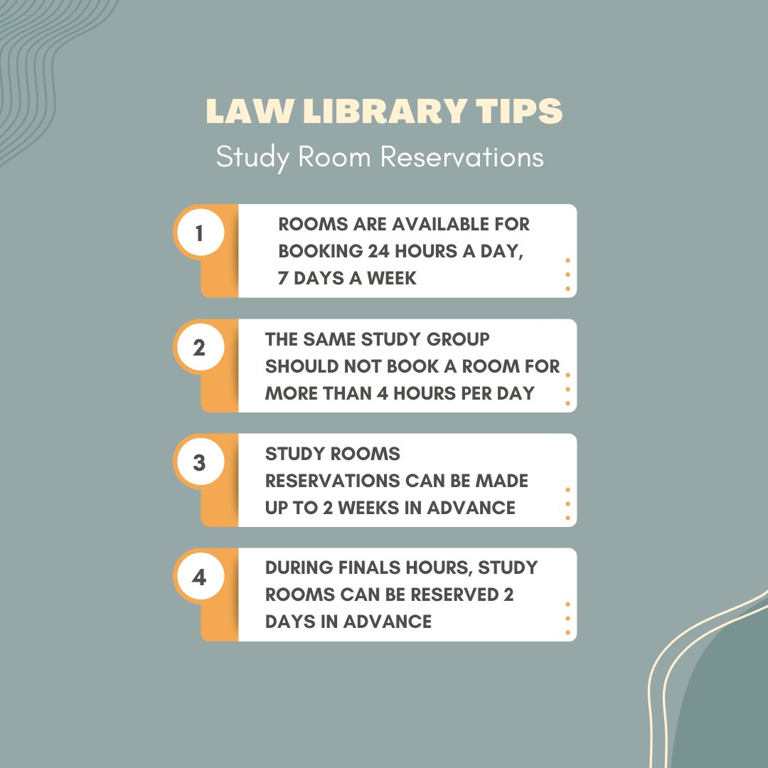 TechLawLibrary's tweet image. Don't forget that we have study rooms available for all students and faculty! Be aware of the rules, and don't forget to cancel your reservation if you don't need the room anymore. Happy studying Tech Law!