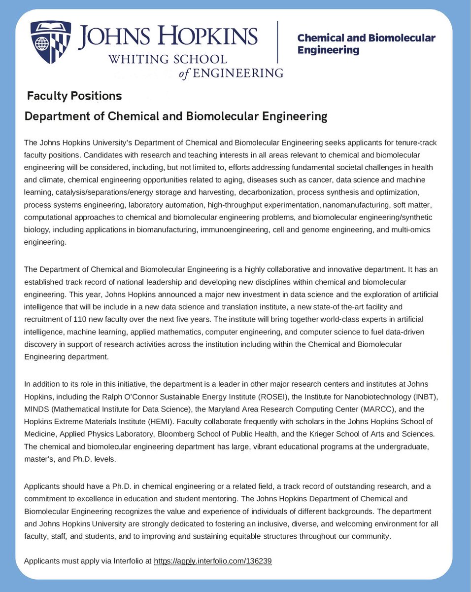 @jhelisseeff.bsky.social (@jhelisseeff) on Twitter photo We are hiring at <a href="/JHU_ChemBE/">Johns Hopkins ChemBE</a> - spread the word - and please apply! apply.interfolio.com/136239 We are hiring at <a href="/JHU_ChemBE/">Johns Hopkins ChemBE</a> - spread the word - and please apply! apply.interfolio.com/136239