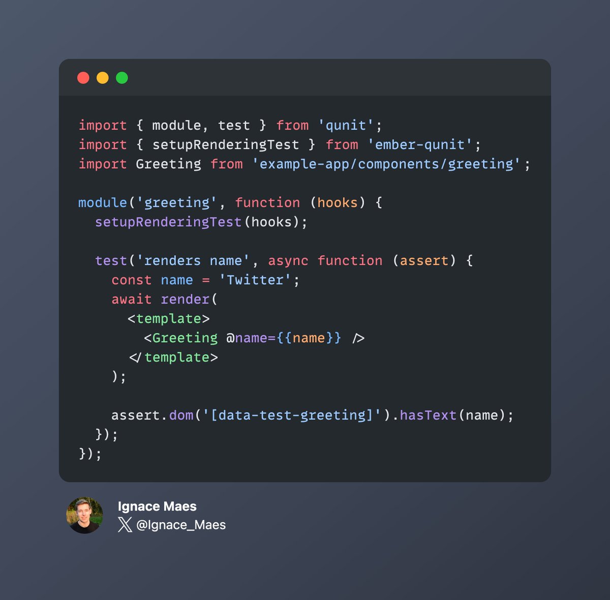 Ignace_Maes's tweet image. Testing just got better in #EmberJS 🧪
With &lt;template&gt; tag components, the syntax between app and test code has been unified!
Simply pass a template tag to the render function and it will have the same semantics as in app code, such as direct access to the outer scope.