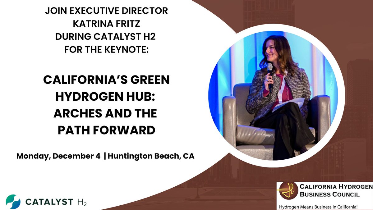 CAHydrogen's tweet photo. See Executive Director Katrina speak at #CatalystH2's keynote "California's Green Hydrogen Hub - @ARCHES_H2 and the Path Forward" on Dec. 4. Panelists will discuss #hydrogenhub development, technology innovation, #communityengagement, & more!
More info: https://t.co/bgwdWItJ0Q https://t.co/3QKHgqe6kd