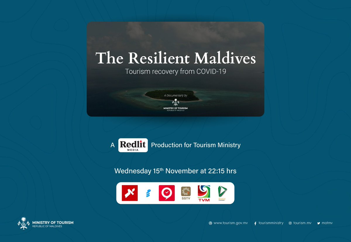 #Maldives tourism #COVID19 recovery doumentary (by Redlit Media for Tourism Ministry) will be aired on 15 Nov 2023 (Wed) @2215 Hrs simultaneously on main TV Channels <a href="/tvmaldives/">Television Maldives</a> <a href="/Raajje_tv/">RaajjeTV</a> <a href="/vaavu/">vnews.mv</a> <a href="/VaguthuOnline/">Vaguthu Online</a> <a href="/ssnetmv/">SSNET</a> <a href="/DhivehiChannel/">Dhivehi Channel</a>. We thank all Channels for the support.