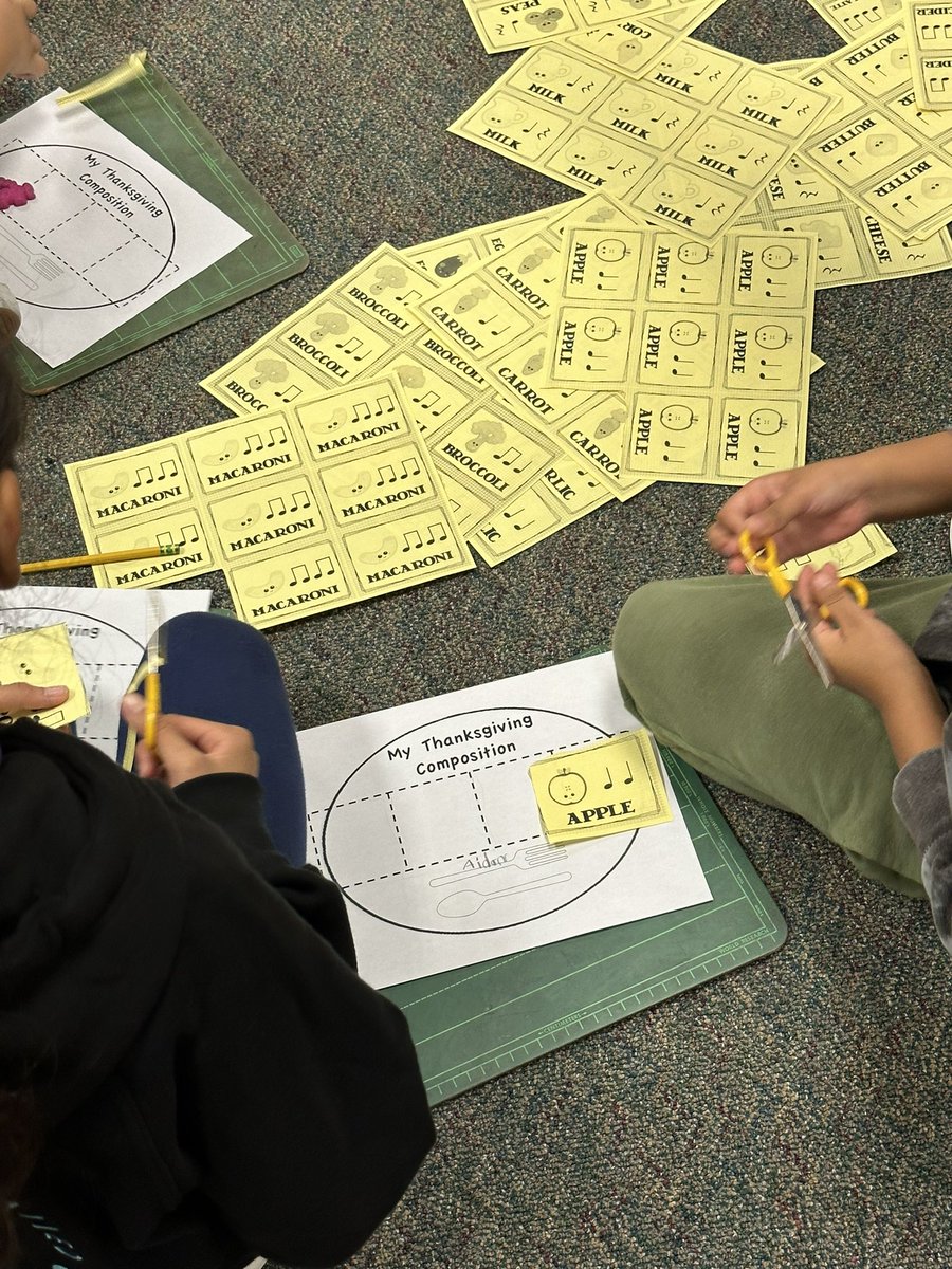 mcmurray_ms's tweet photo. 1st grade is having a rhythmic feast! We are composing original songs using Thanksgiving food rhythm cards 🦃🌽 When our plate (song) is complete, we will chant them to the class! 🎤🎶@TeachPaj @Martin_Mustangs @aliefFineArts #OnTheMove https://t.co/CPG954l6Mu