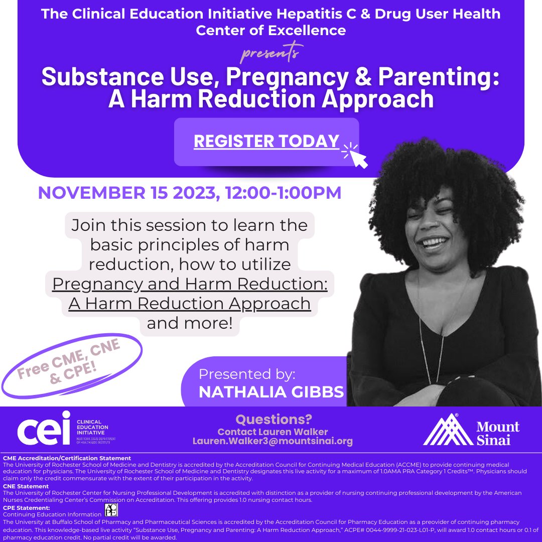 Nathalia Gibbs presents “Substance Use, Pregnancy & Parenting: A Harm Reduction Approach” 🔔 TOMORROW 🔔 Free CME, CNE and CPE credit will be available. Register here: bit.ly/47aG0Bk