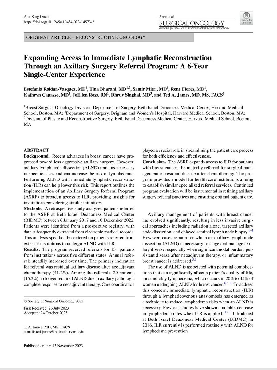 I'm happy to share our latest publication about the BIDMC Axillary Surgery Referral Program and immediate lymphatic reconstruction. 
rdcu.be/dq1hX
#breastcancer
#breastsurgery
#axillarysurgery