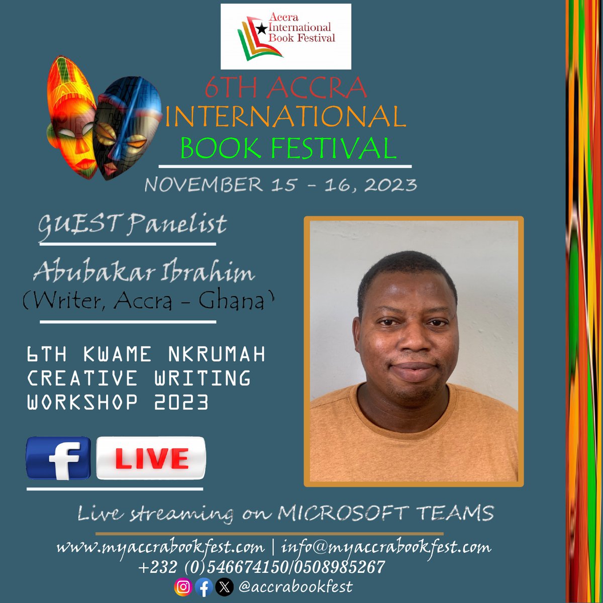 Writer, Abubakar Ibrahim joins us at the 6th Accra International Book Festival on November 15 - 16, 2023, at 11:20 am. He will facilitate insightful sessions at the 6th Kwame Nkrumah Creative Writing Workshop 2023. #AccraBookFest23