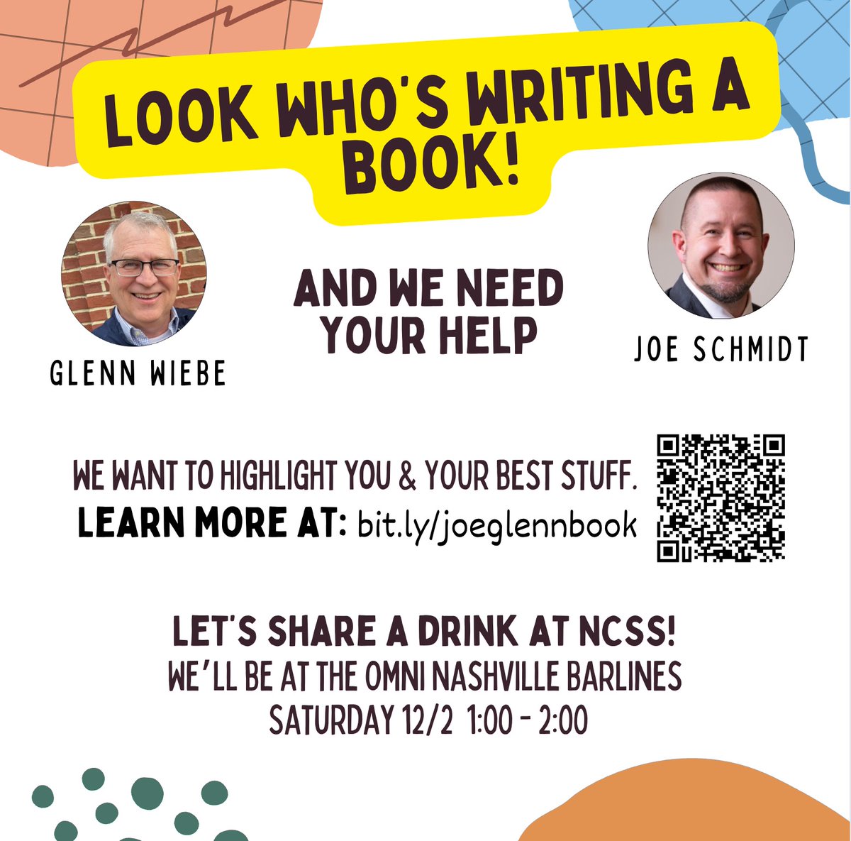 Excited that a friendship with @glennw98 has led to writing a book together! We are writing about social studies in the 21st century & want to share lessons from friends across the country. Join us at NCSS, but you can also share your ideas here, bit.ly/joeglennbook #sschat