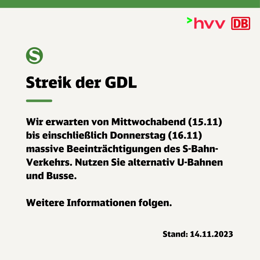 SBahnHamburg's tweet photo. Wir erwarten von Mittwochabend (15.11) bis einschließlich Donnerstag (16.11) massive Beeinträchtigungen des S-Bahn-Verkehrs. 

Nutzen Sie alternativ U-Bahnen und Busse. 

Weitere Informationen folgen. 

#S1 #S11 #S2 #S21 #S3 #S31 #hvv #sbahnhh https://t.co/9UiYC5GBji