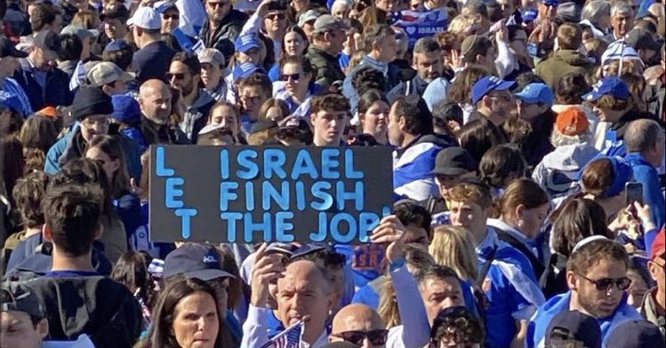 'Let Israel finish the job!' A genocidal message is held aloft at a pro-Israel march in Washington, DC, today.