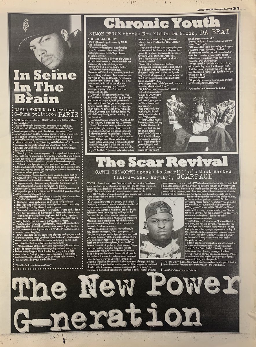 G Funk Special! Paris meets David Bennun. Da Brat meets Simon Price. Scar face meets Cathi Unsworth. Melody Maker, 26 November 1994. #MelodyMaker #MyLifeInTheUKMusicPress #1994