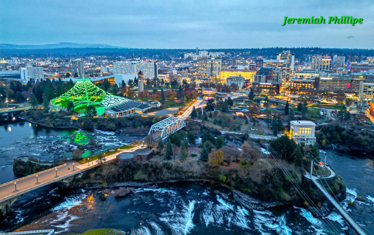 Pic of the Night from @KrisCrockerKXLY: What a fantastic photo of a beautiful city by the river. Thanks to Jeremiah Phillipe for sharing this drone photo of downtown Spokane. P.S. The Pavilion was lit in green for 'Operation Green Light for Veterans.' ❤