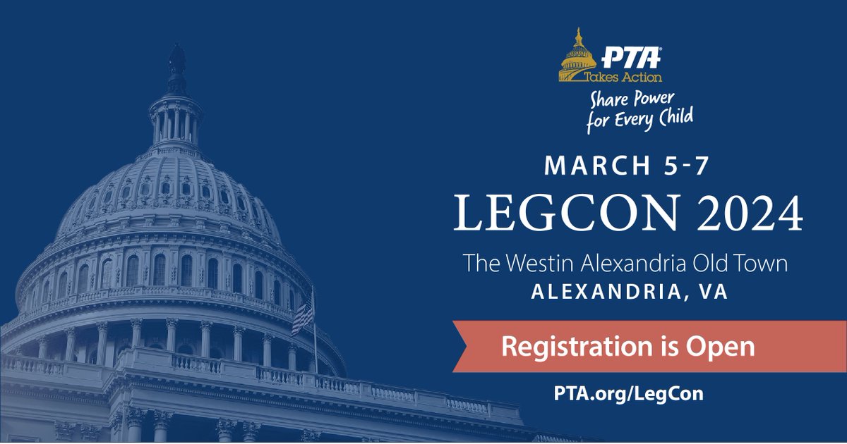 NationalPTA's tweet photo. Registration is now open for our 2024 Legislative Conference! #PTALegCon is a great opportunity to build your advocacy skills and raise your voice with your members of Congress on issues important to children, families and schools. Register today at https://t.co/7ox8ZyXof1. https://t.co/6xW7JD2Z9R
