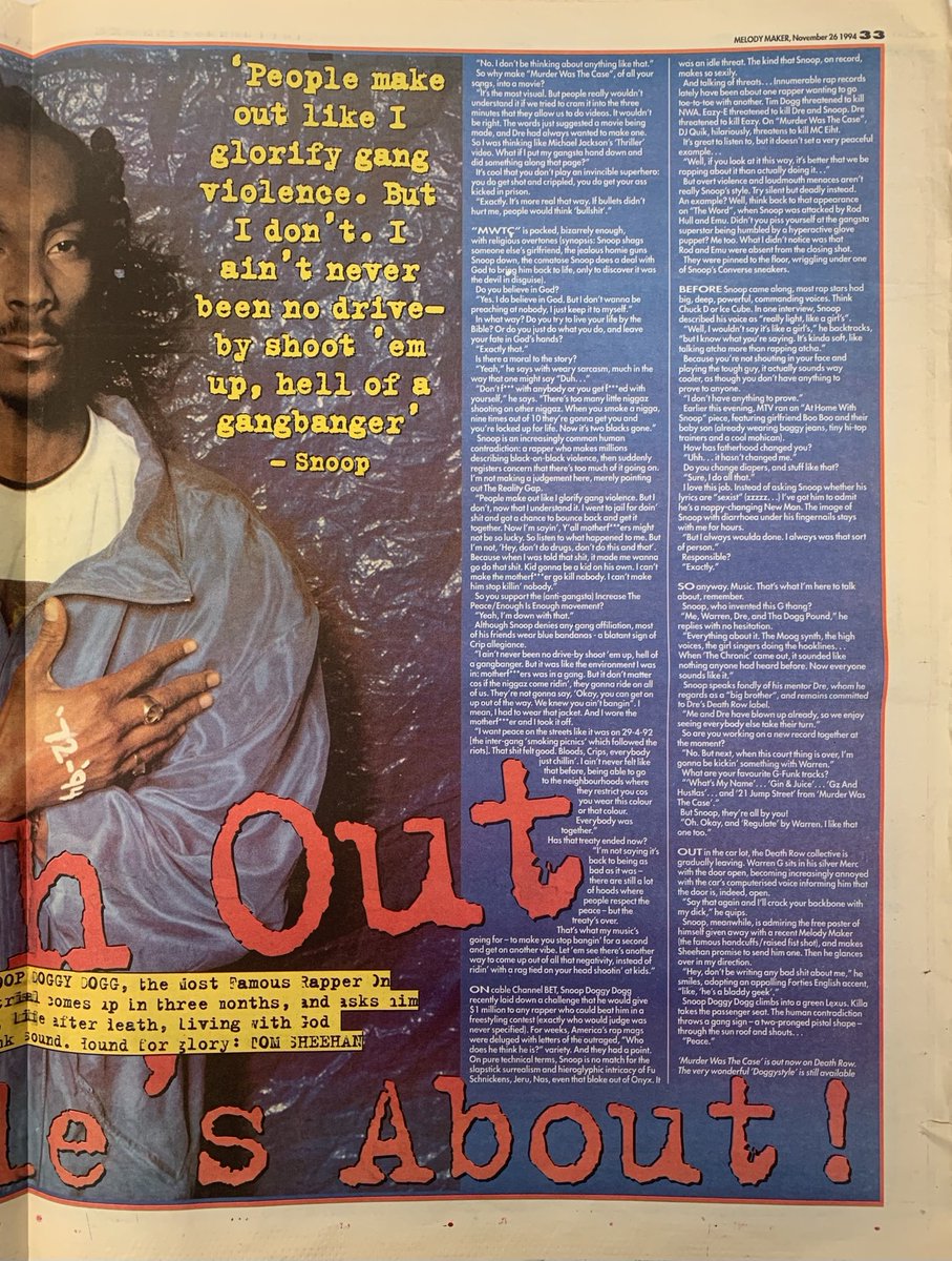 G Funk Special! Snoop Doggy Dogg meets Simon Price. Photos by Tom Sheehan. Melody Maker, 26 November 1994. #MelodyMaker #MyLifeInTheUKMusicPress #1994