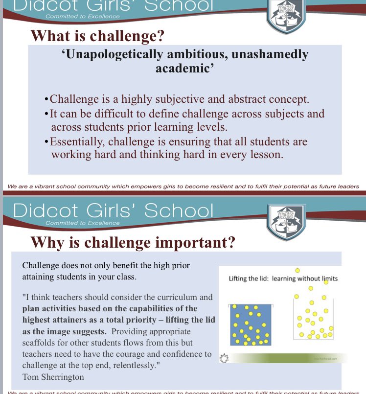 TandLDGS's tweet photo. Brilliant teaching staff briefing this morning, thinking carefully about how we make sure ‘challenge is for all.’ Loving the mantra ‘unapologetically ambitious’ for all of the students we teach. #DGSPride https://t.co/el3ibcPRiR