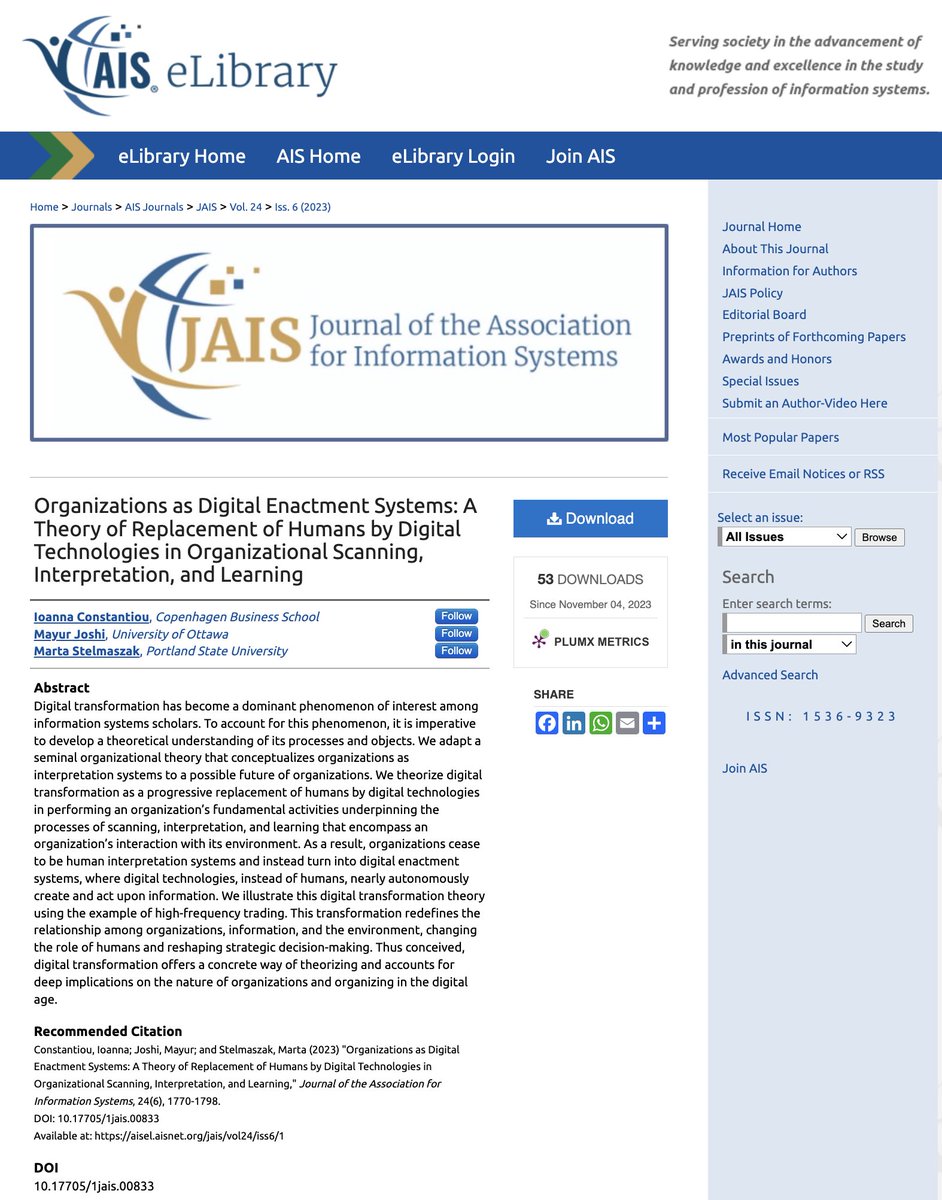 mayur_p_joshi's tweet image. New Paper Alert 🚨

It&apos;s finally in (digital) print! Part of a truly diverse JAIS special issue on &quot;Envisioning Digital Transformation: Advancing Theoretical Diversity!&quot; It was such a pleasure working with #IoannaConstantiou and @martastrosa! aisel.aisnet.org/jais/vol24/iss…