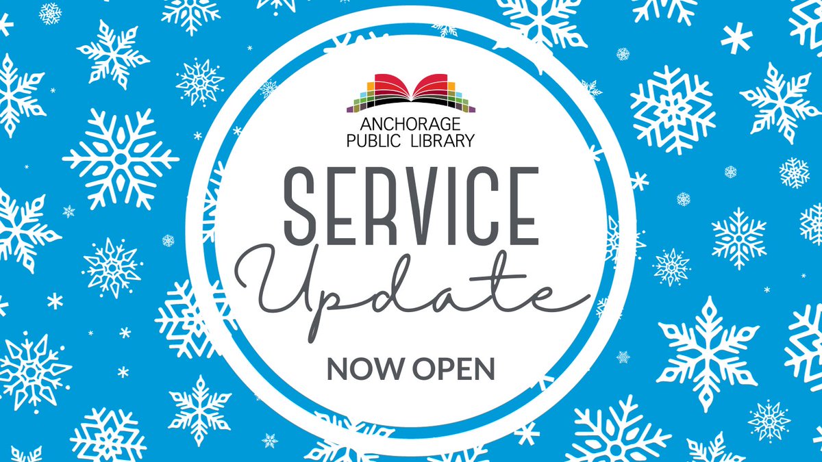 anchlibrary's tweet image. We're back! All APL locations are open for regular business hours. Thank you for your patience and we look forward to sharing #907LibraryLove with you soon! anchoraglibrary.org.