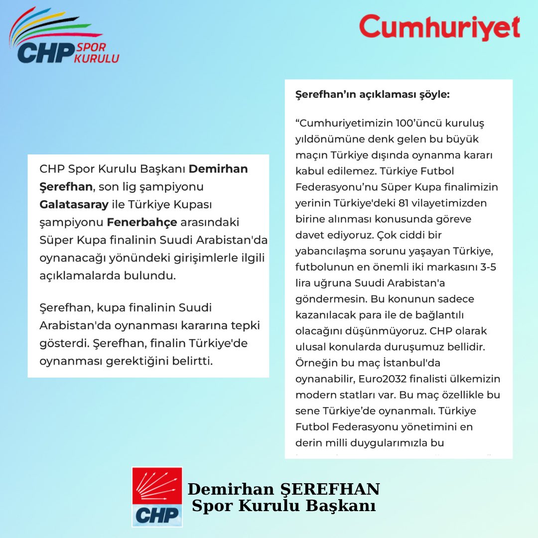 CHP'den Süper Kupa tepkisi! “TFF'nin kararı kabul edilemez” 🗞️ Cumhuriyet #CHP #CHPSporKurulu cumhuriyet.com.tr/spor/chpden-su…