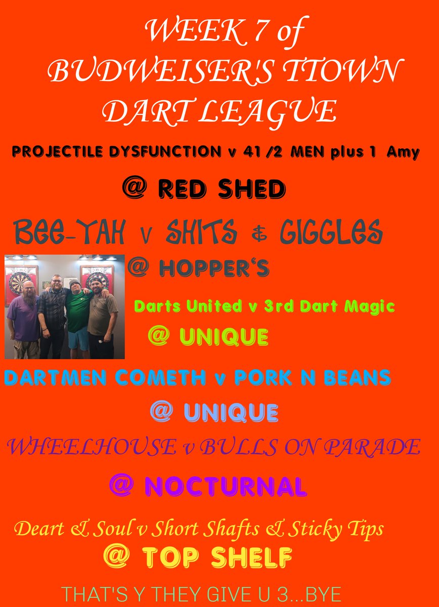 MATCHDAY 7 of Budweiser's Ttown Dart League!!!

Thank you to the captains that have sent a team photo!!