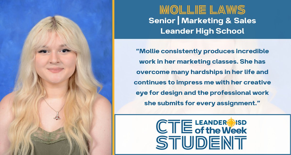 Senior Mollie Laws at <a href="/LeanderHS/">Leander High School</a> is the <a href="/LeanderCTE/">Leander CTE</a> Student of the Week.

Mollie’s active participation in class discussions, projects and DECA activities has had a profound impact on the overall learning environment in her classrooms.

Read more: bit.ly/3QEZ975