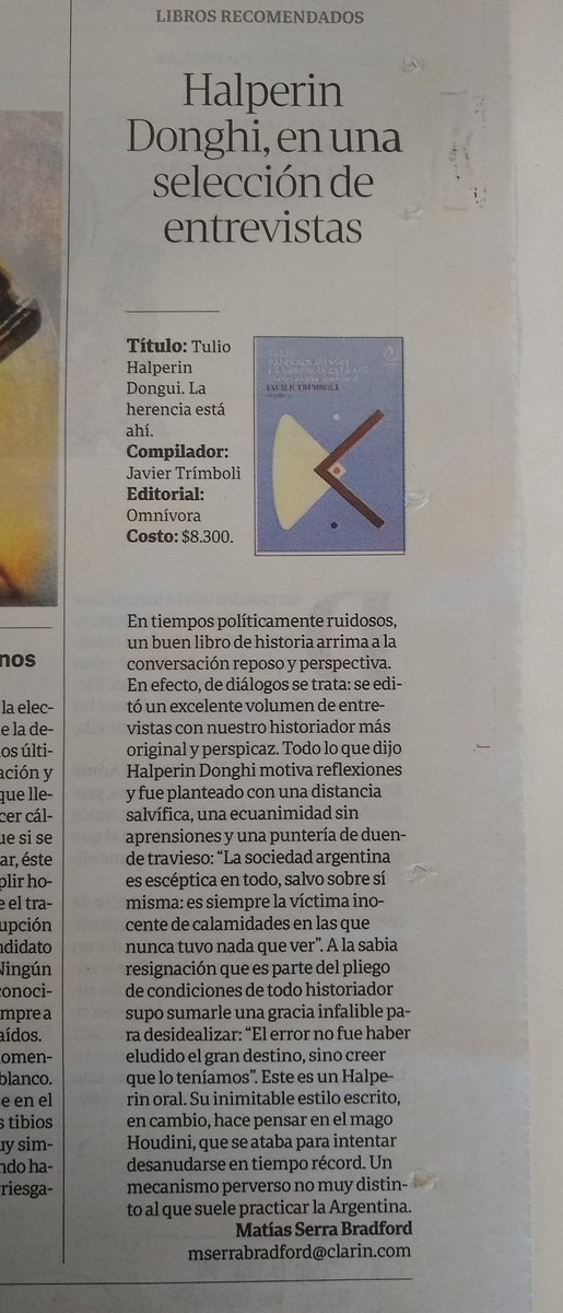 SerraBradford's tweet image. Nota hiperbreve en el Clarín de hoy sobre "La herencia está ahí", oportuna y excelente compilación de entrevistas comentadas con Tulio Halperin Donghi, historiador y escritor inigualable. Publicado por @OEditora