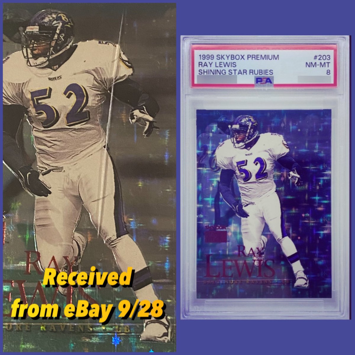 📬 This arrived today back from PSA in a new case. Thanks to <a href="/claycards/">claycards</a> for assisting in the submission- 
RAY LEWIS 1999 SKYBOX PREMIUM SHINING STAR RUBIES PSA 8 (FRESH RESLAB, POP. 3) #3/30

Here is the scoop on this one… it’s juicy!

I had first received the card from eBay’s