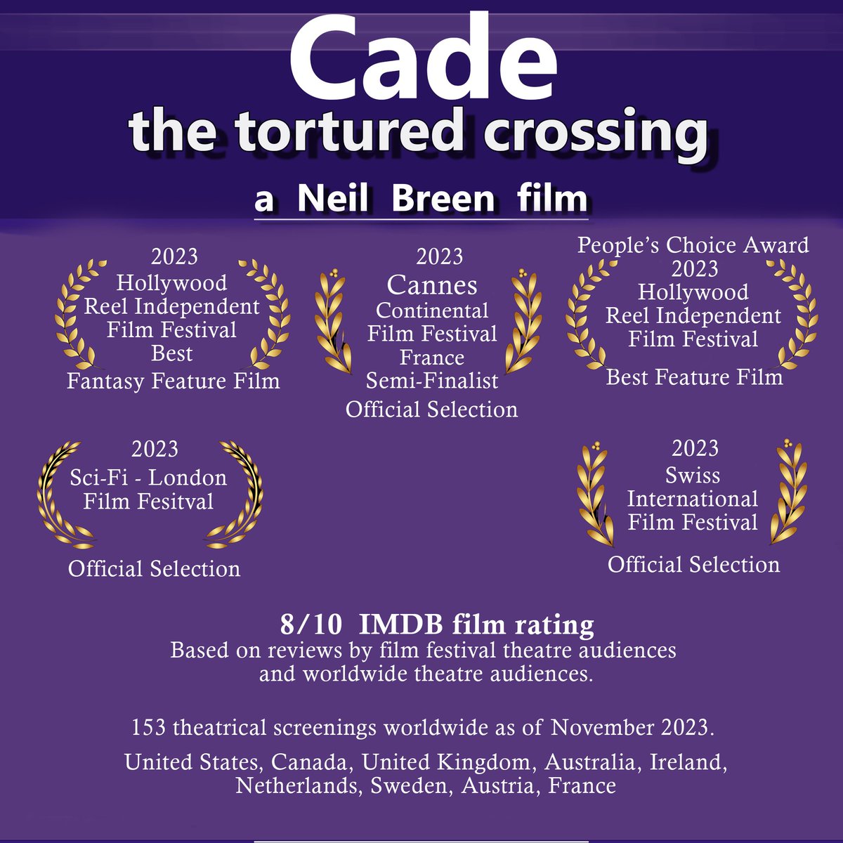 Here is the updated poster for my film, 'Cade - the tortured crossing' showing the Cannes, continental film festival selection and the 153 theatrical worldwide screenings of the film.