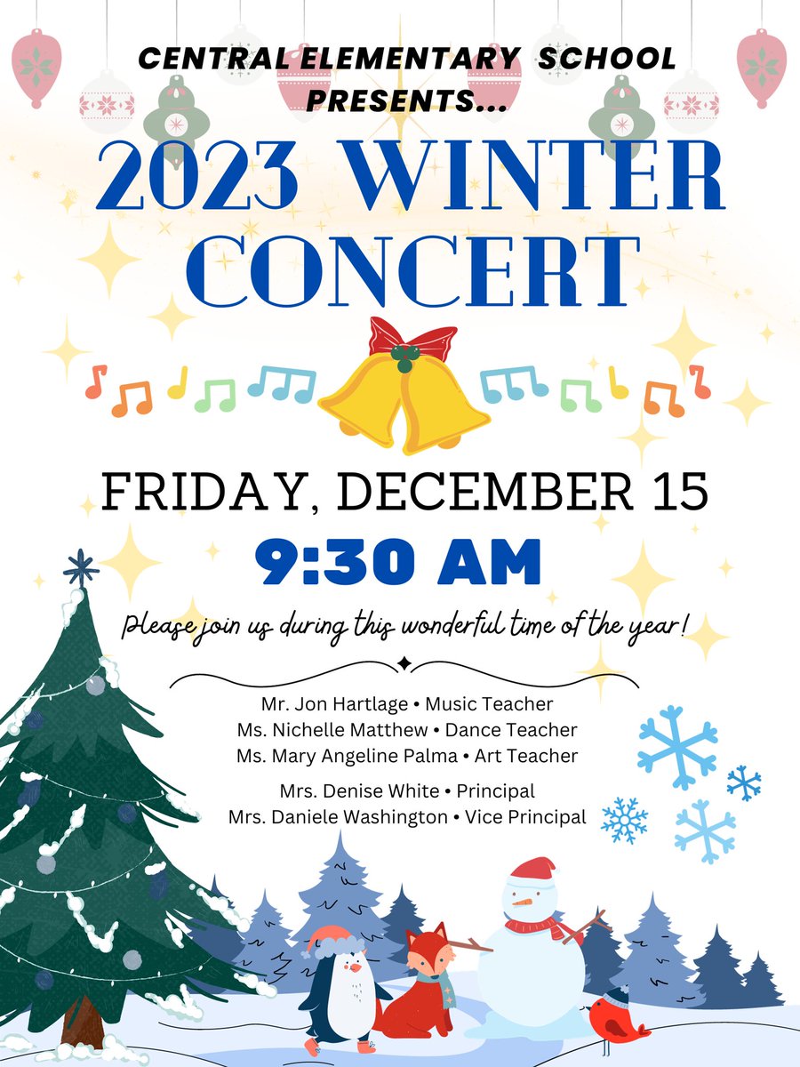 Central Elementary School is hosting its 2023 Winter Concert on Friday, December 15, 2023, at 9:30 AM. See the flyer for details. #GoodtoGreat #MovingintoGreatness #OrangeStrong💪🏾
