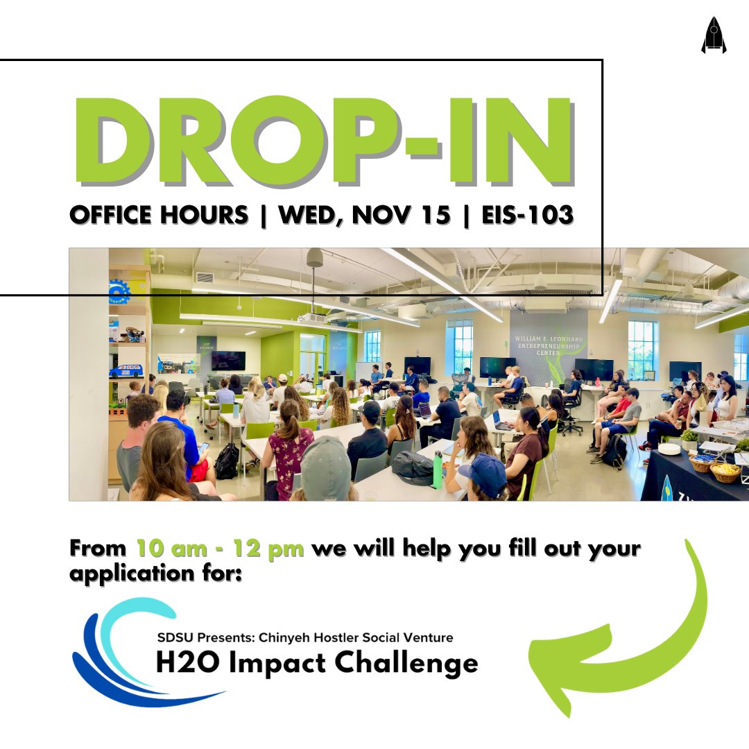ZIPLaunchpad's tweet image. Explore the SDSU Chinyeh Hostler Social Venture: H2O Impact Challenge with us at EIS-103 TOMORROW for office hours. 🚀 Get assistance with the application process to develop impactful social ventures addressing water challenges. 💧💻 #H2OImpactChallenge #ApplicationSupport