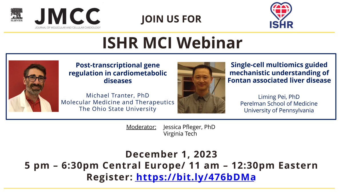 Join us on Friday, Dec 1, for the 4th installment of the @ISHR_NAS/@JMCCardiology joint @IshrMci webinar featuring Dr.Michael Tranter of @OhioState & Dr. Liming Pei @pei_liming of @PennCVI, moderated by Dr. Jessica Pfleger @Jess4genes. Register: bit.ly/476bDMa
