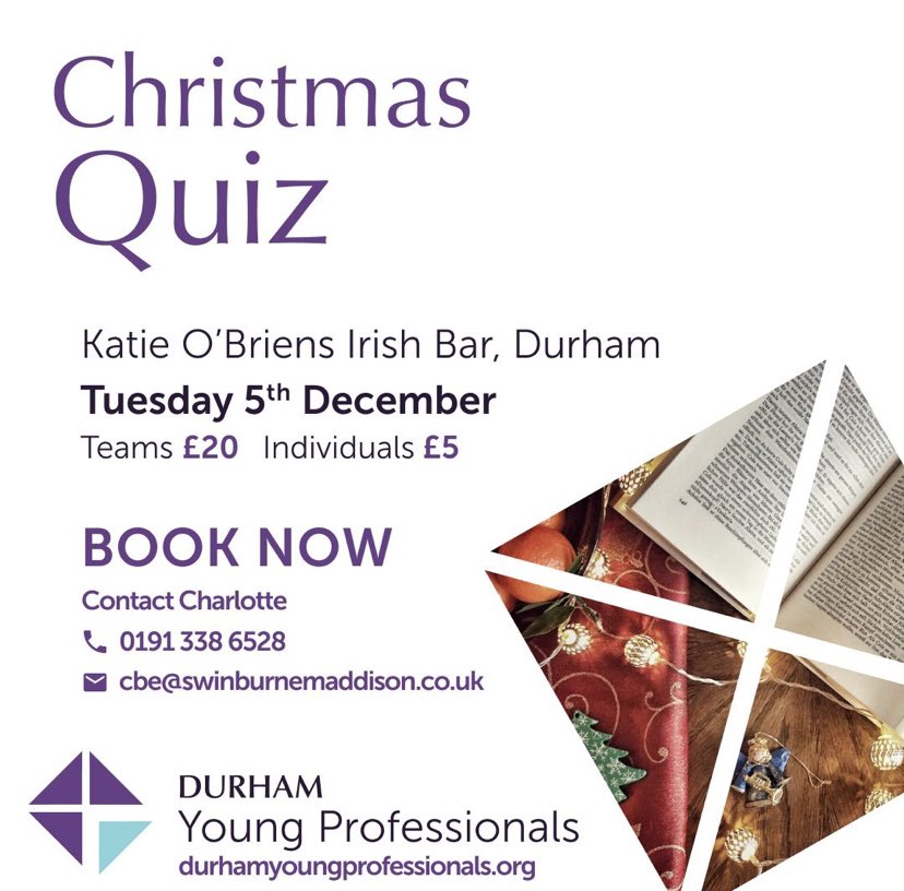 Christmas is upon us and so is the DYP Christmas Quiz! 🎄⛄️❄️

The night will involve a quiz, lots of networking opportunities and plenty of pizza … ho ho hope to see you there! 

To book your ticket please contact Charlotte Excell -  cbe@swinburnemaddison.co.uk