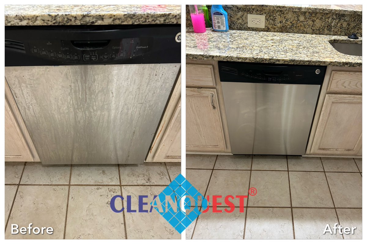 CLEANQUEST's tweet image. Here is one of our November 2023 move-out cleaning before and after cleaning photos of the front of dishwasher. What a difference!#Herndon, #Reston