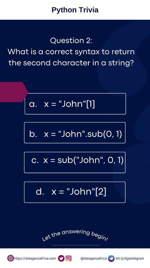 Python Quiz Time! 🤔 Test your Python prowess with these questions. Drop your answers in the comments below and let's see who's the Python pro! 📷#PythonQuiz #Pythonfordatascience #TechTrivia #Datagenzafrica

 #Question2